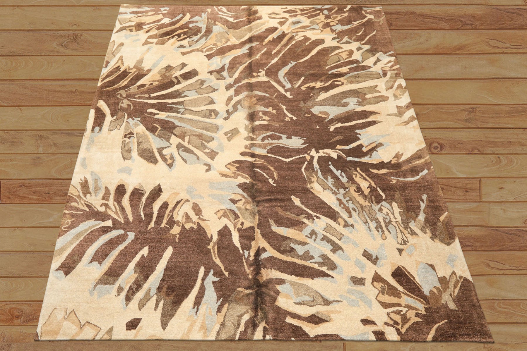 8x10 Brown, Beige, Blue Color Hand Knotted Tibetan Wool & Pure Silk Modern & Contemporay Oriental Rug