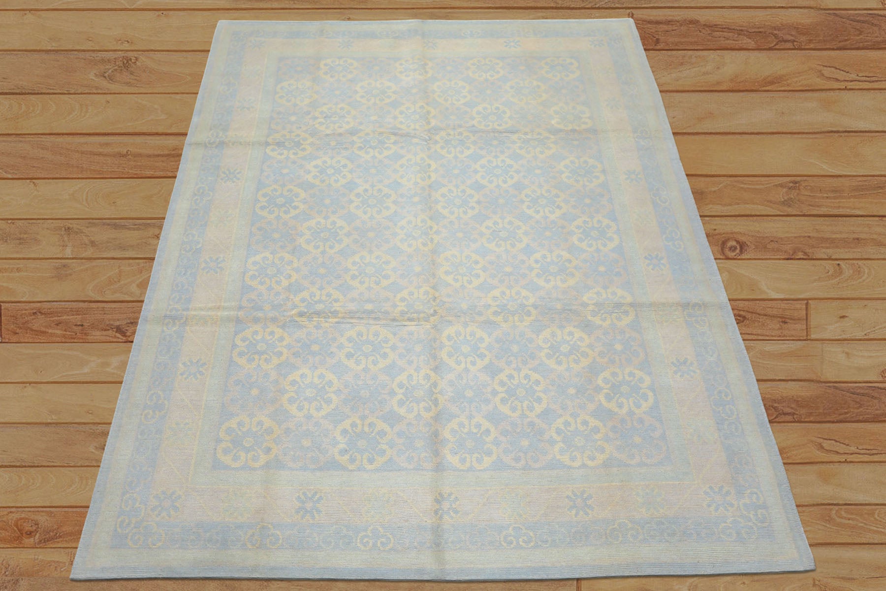 8x10 Blue, Ivory, Seafoam Color Hand Knotted Tibetan Wool Transitional Oriental Rug