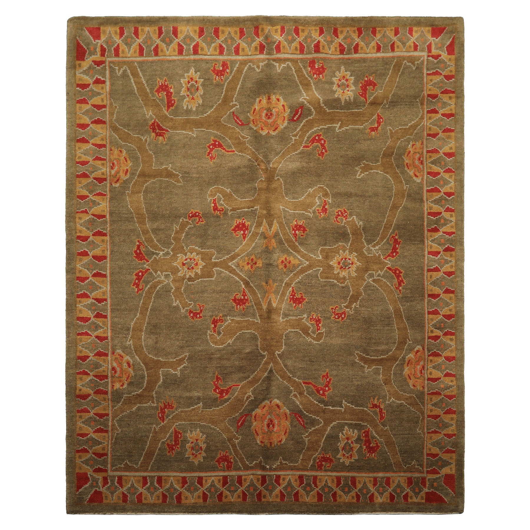 8x10 Moss, Gold, Red Color Hand Knotted Tibetan Wool Arts & Crafts Oriental Rug