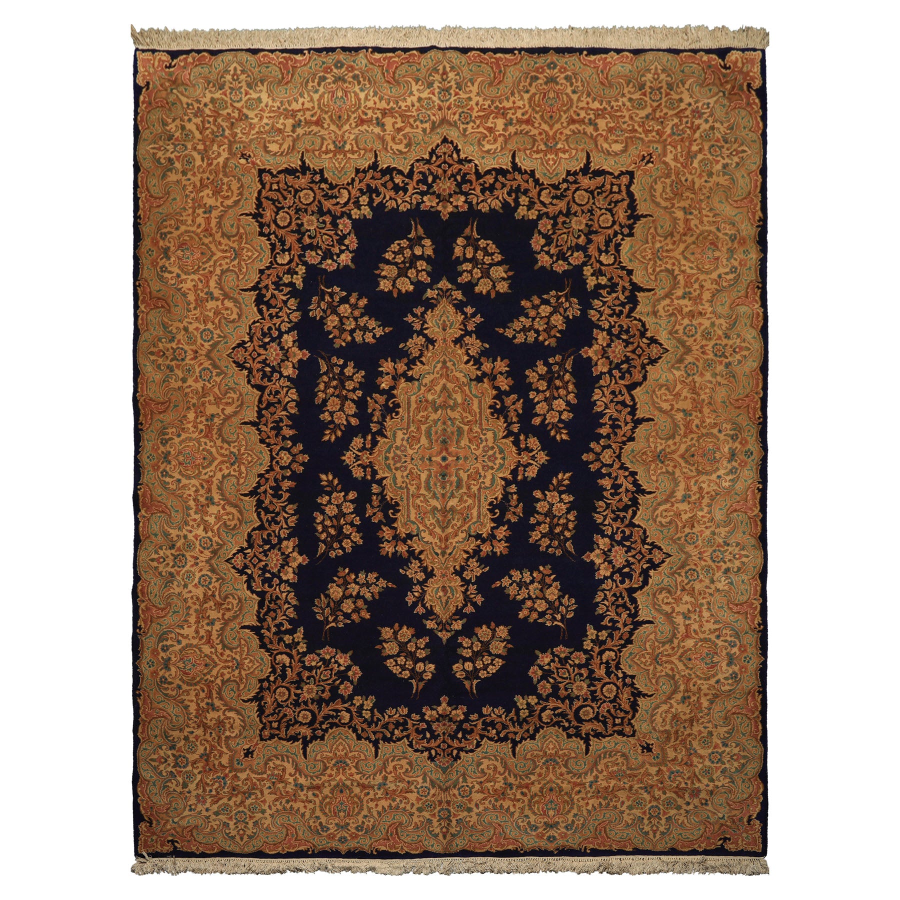 9x12 Navy, Gold, Turquoise Color Hand Knotted Kerman Wool Traditional Oriental Rug