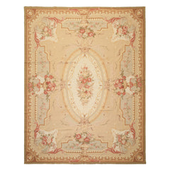 8x10 Tan, Ivory, Green Color Hand Woven French Aubusson Needlepoint Wool Traditional Oriental Rug