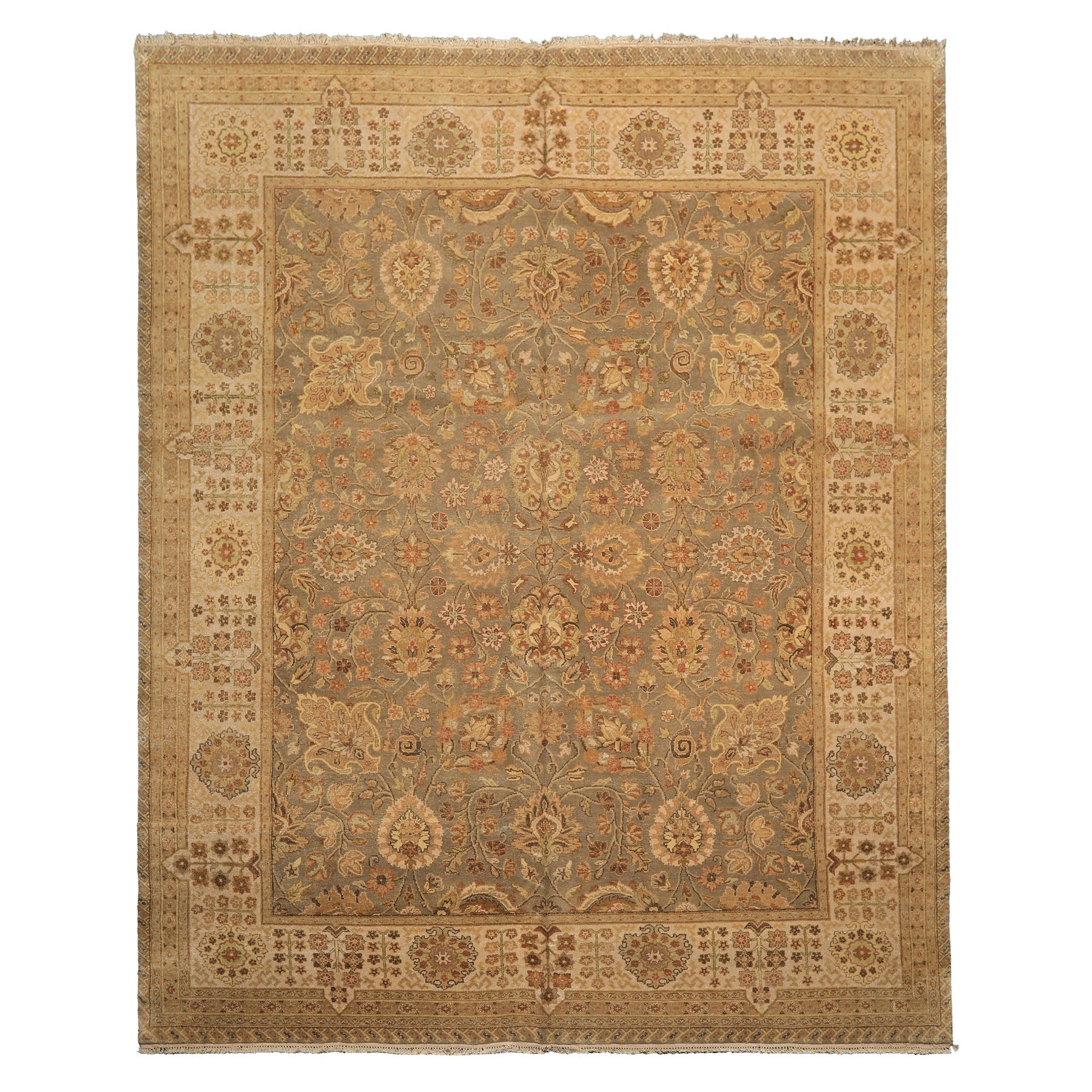 8x10 Gray, Beige, Gold Color Hand Knotted Agra Wool Traditional Oriental Rug