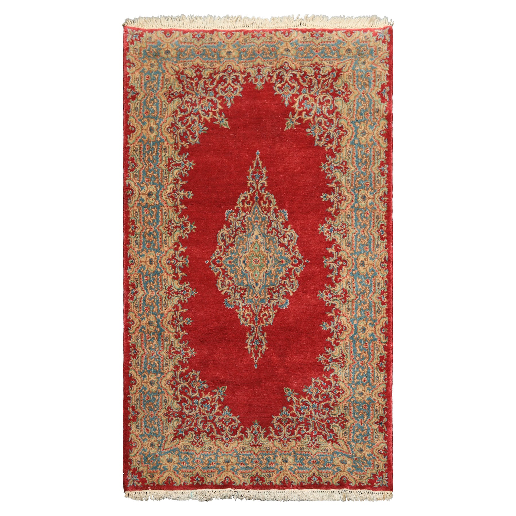 4x7 Coral, Aqua, Gold Color Hand Knotted Kerman Wool Traditional Oriental Rug