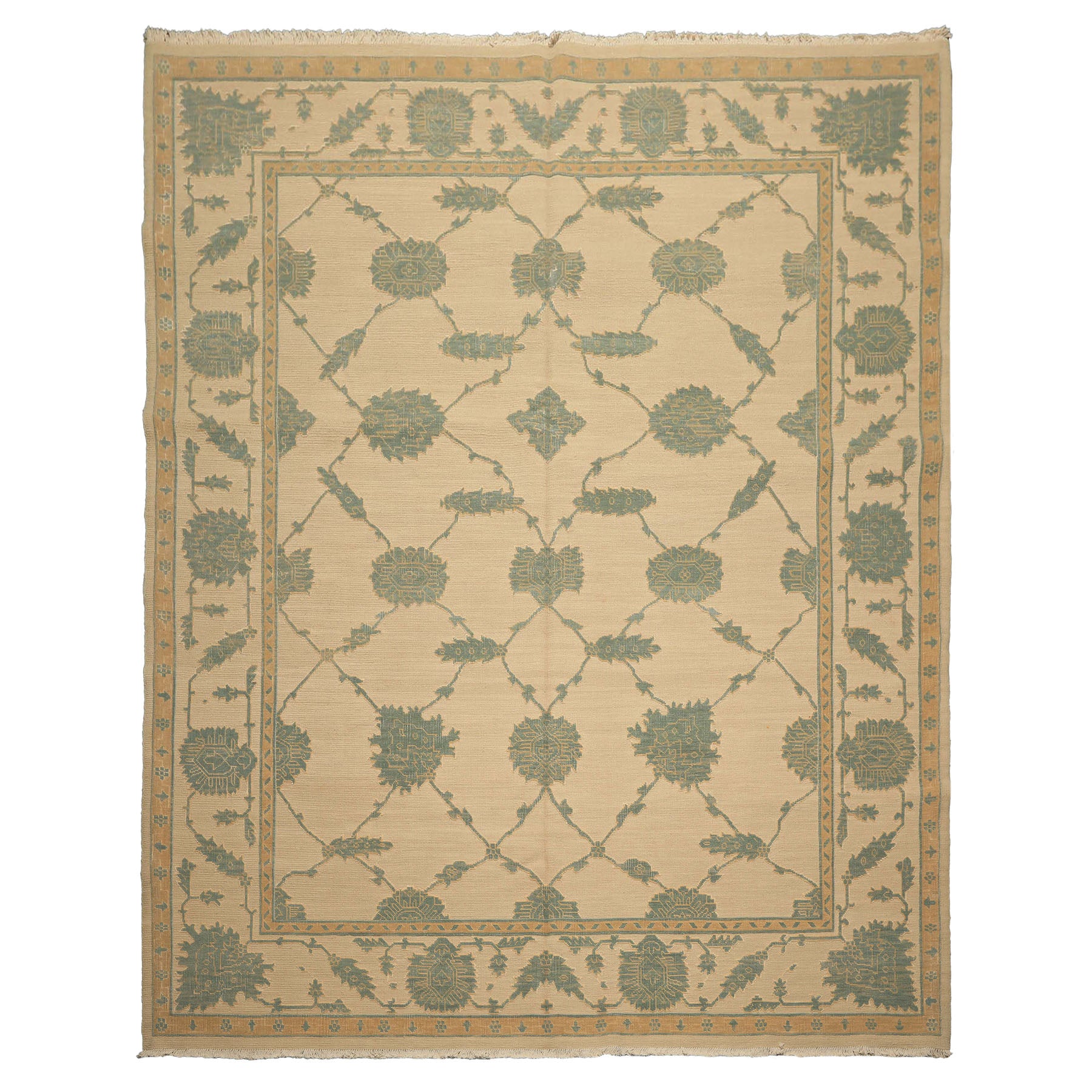 8x10 Ivory, Aqua, Light Gold Color Hand Knotted Nourison Nourmak Soumak Wool & Silk Transitional Oriental Rug