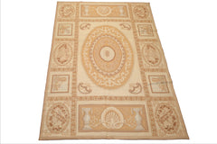 6x9 Beige, Tan, Brown Color Hand Woven Needlepoint Wool Traditional Oriental Rug