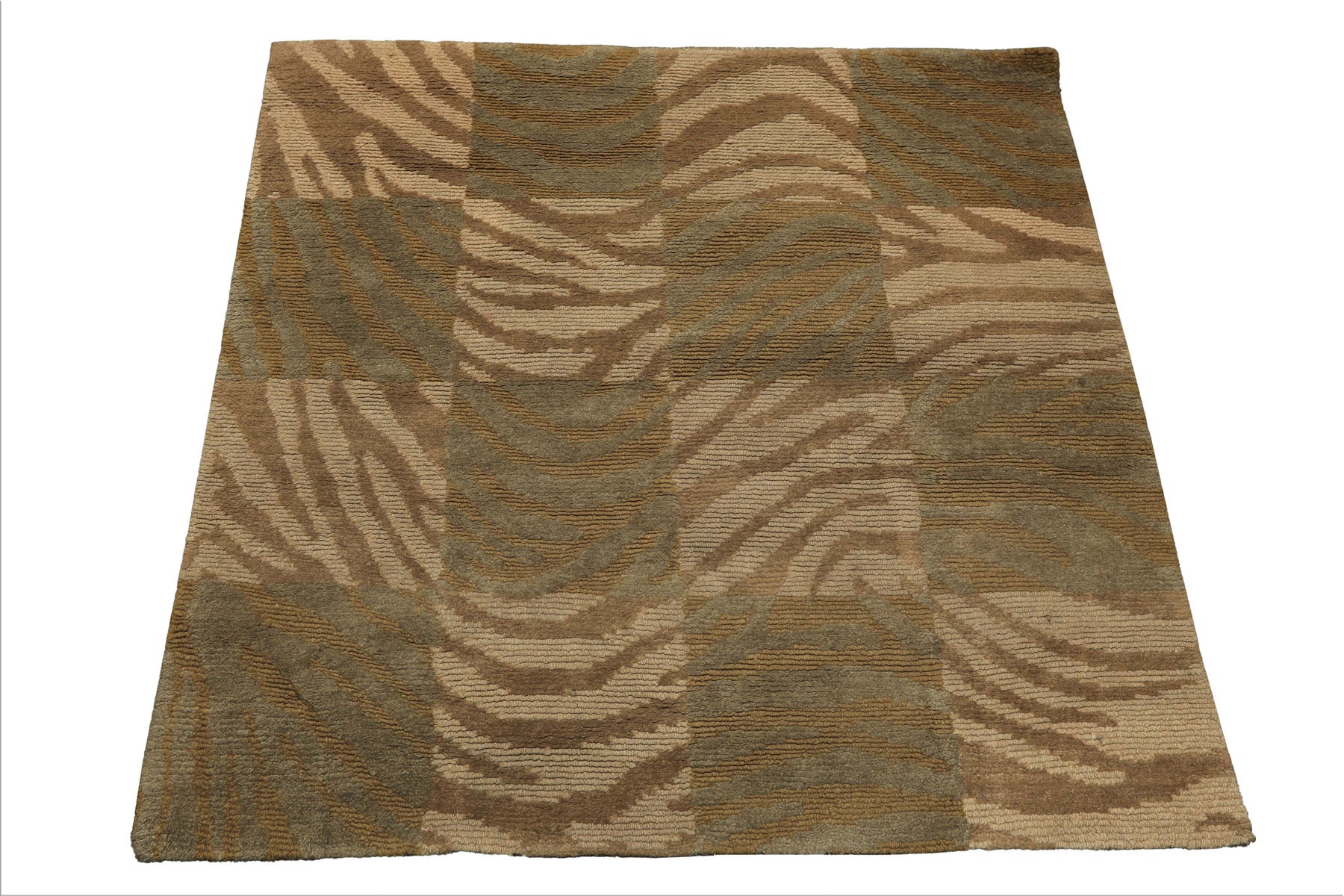 Square Tan, Brown, Beige Color Hand Knotted Tibetan Wool Modern & Contemporary Oriental Rug
