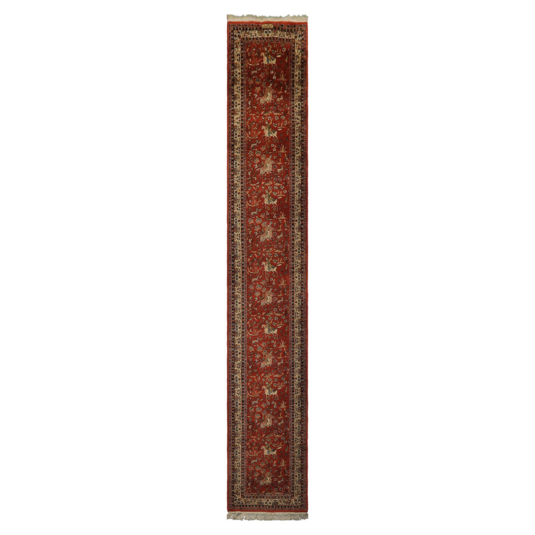 Runner Burnt Orange, Ivory, Navy Color Hand Knotted Kashan Wool Traditional Oriental Rug