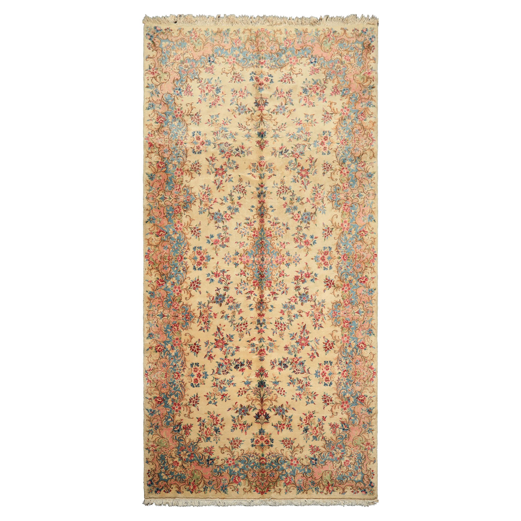 Runner Ivory, Aqua, Blush Color Hand Knotted Kerman Wool Modern & Contemporary Oriental Rug