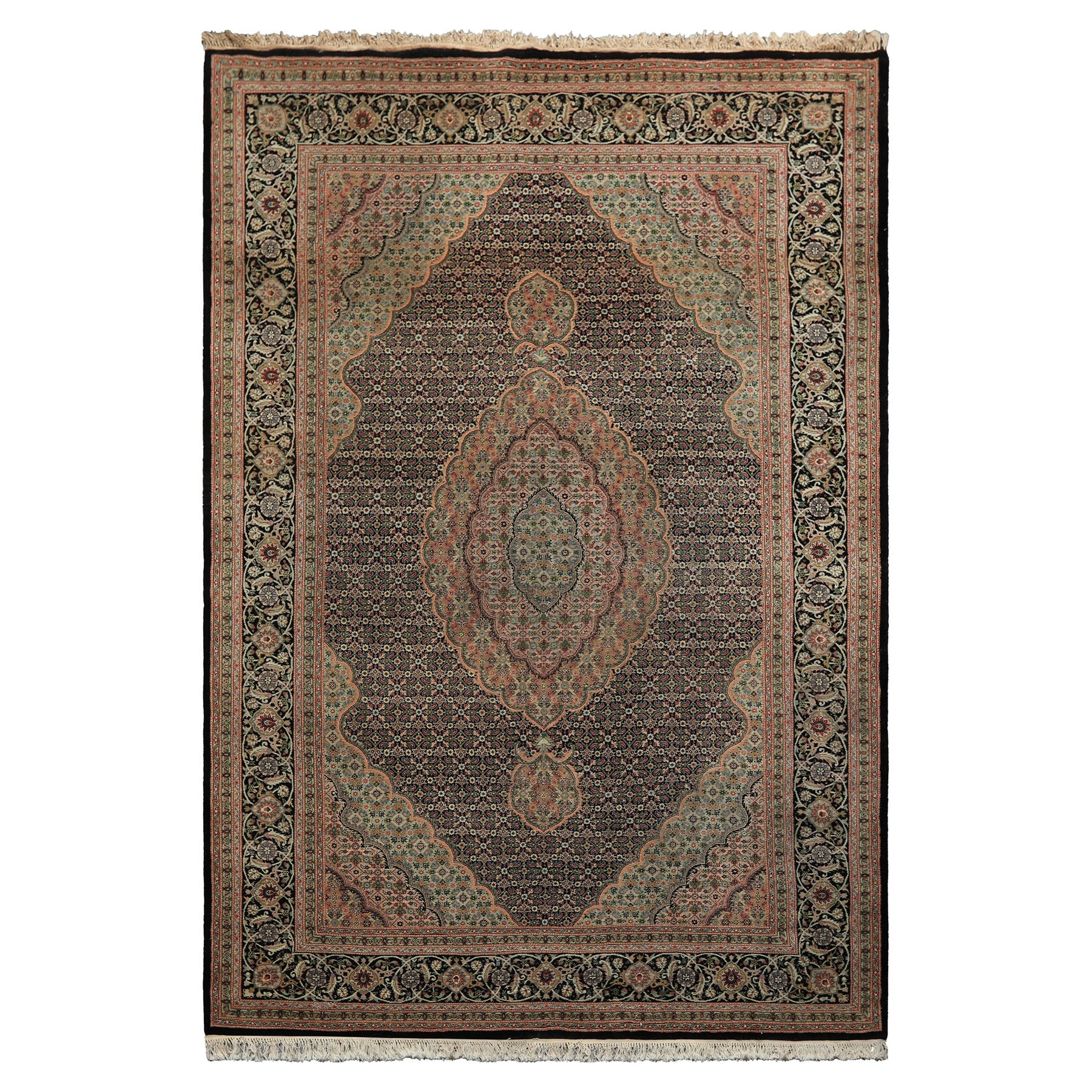 6x9 Black, Blush, Green Color Hand Knotted Tabriz Wool & Silk Traditional Oriental Rug