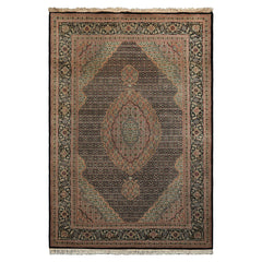 6x9 Black, Blush, Green Color Hand Knotted Tabriz Wool & Silk Traditional Oriental Rug