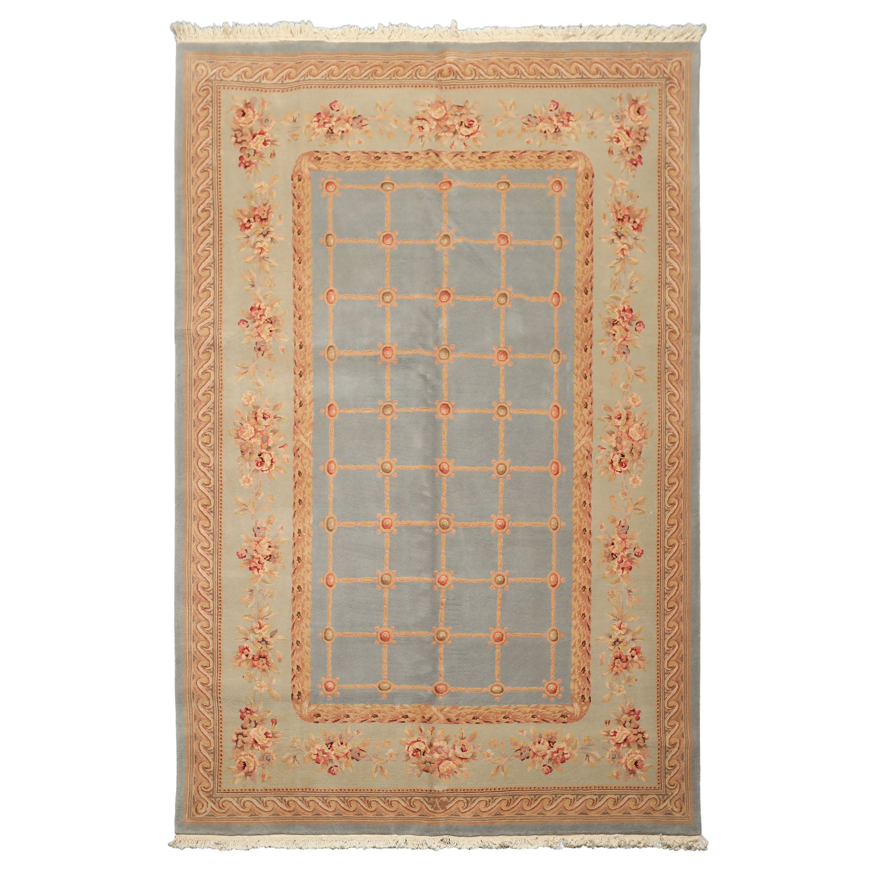 6x9 Aqua, Mint, Tan Color Hand Knotted French Aubusson Savonerrie Wool & Silk Traditional Oriental Rug
