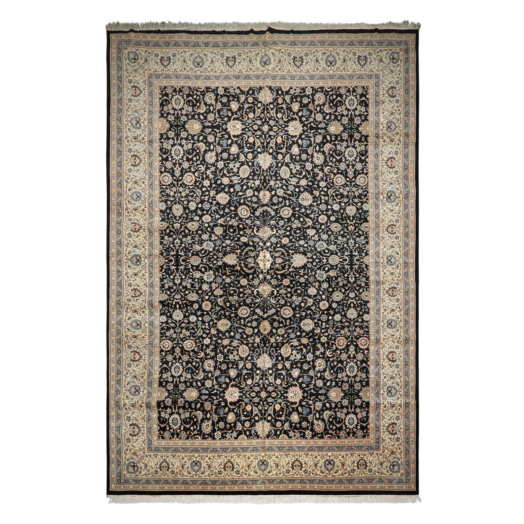 OverSize Black, Ivory, Blue Color Hand Knotted Pak Persian Wool Traditional Oriental Rug