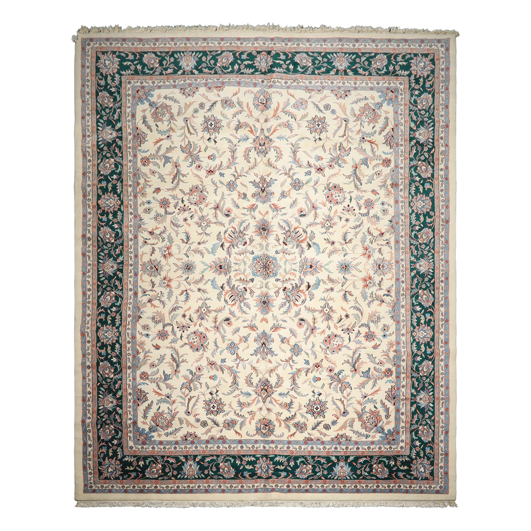 12x15 Cream, Emerald, Blush Color Hand Knotted Kashan Wool Traditional Oriental Rug
