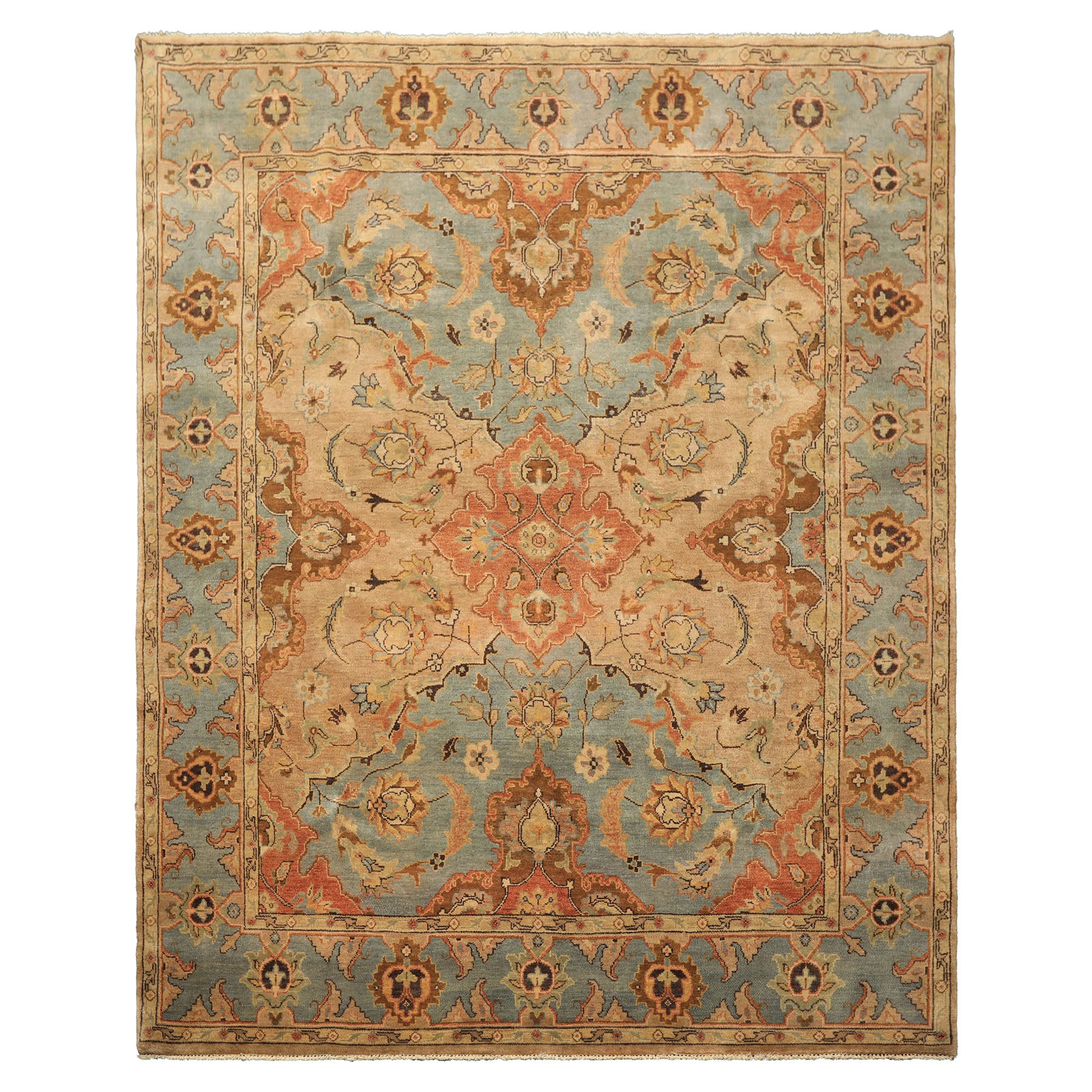 8x10 Tan, Aqua, Beige Color Hand Knotted Oushak Wool Traditional/ Floral Oriental Rug