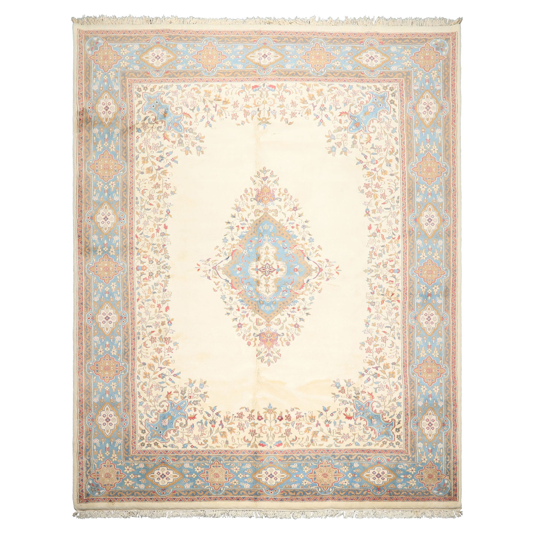 9x12 Ivory, Aqua, Tan Color Hand Knotted Kerman Wool Traditional/ Medallion Oriental Rug