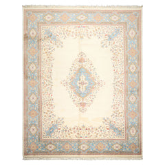 9x12 Ivory, Aqua, Tan Color Hand Knotted Kerman Wool Traditional/ Medallion Oriental Rug