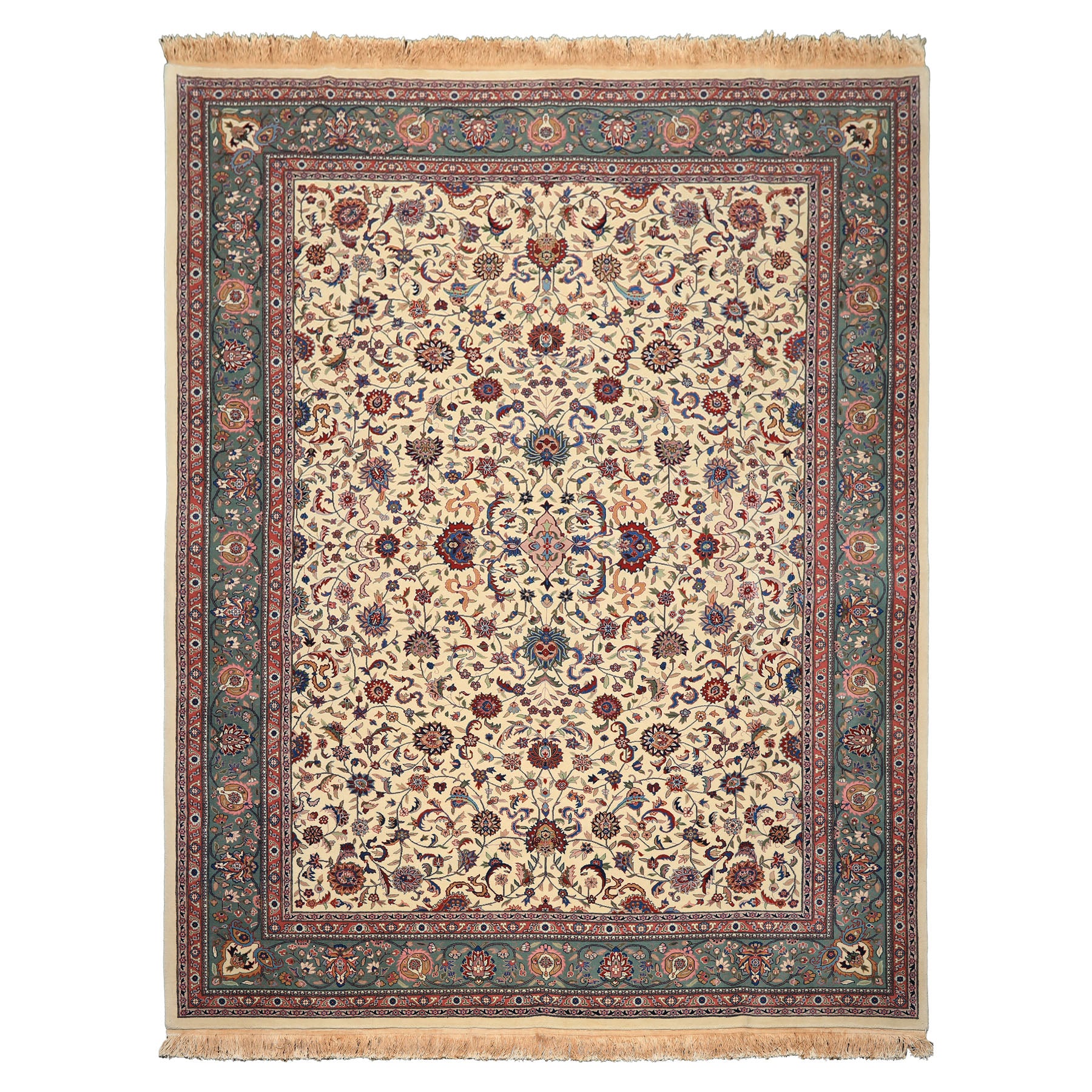 9x12 Ivory, Aqua, Rose Color Hand Knotted Kashan Wool Traditional/ Medallion Oriental Rug