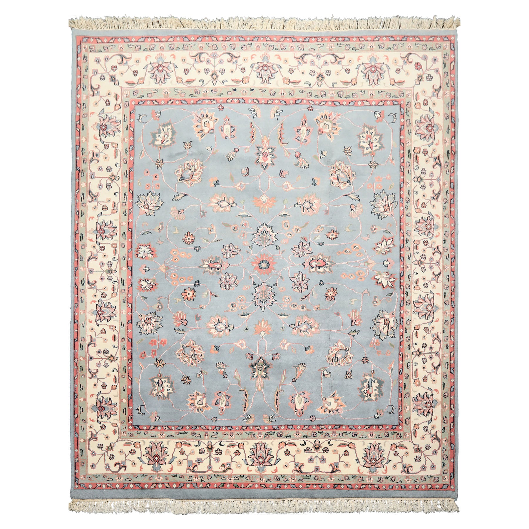 8x10 Baby Blue, Ivory, Pink Color Hand Knotted Kashan Wool Traditional/ Botanical Oriental Rug