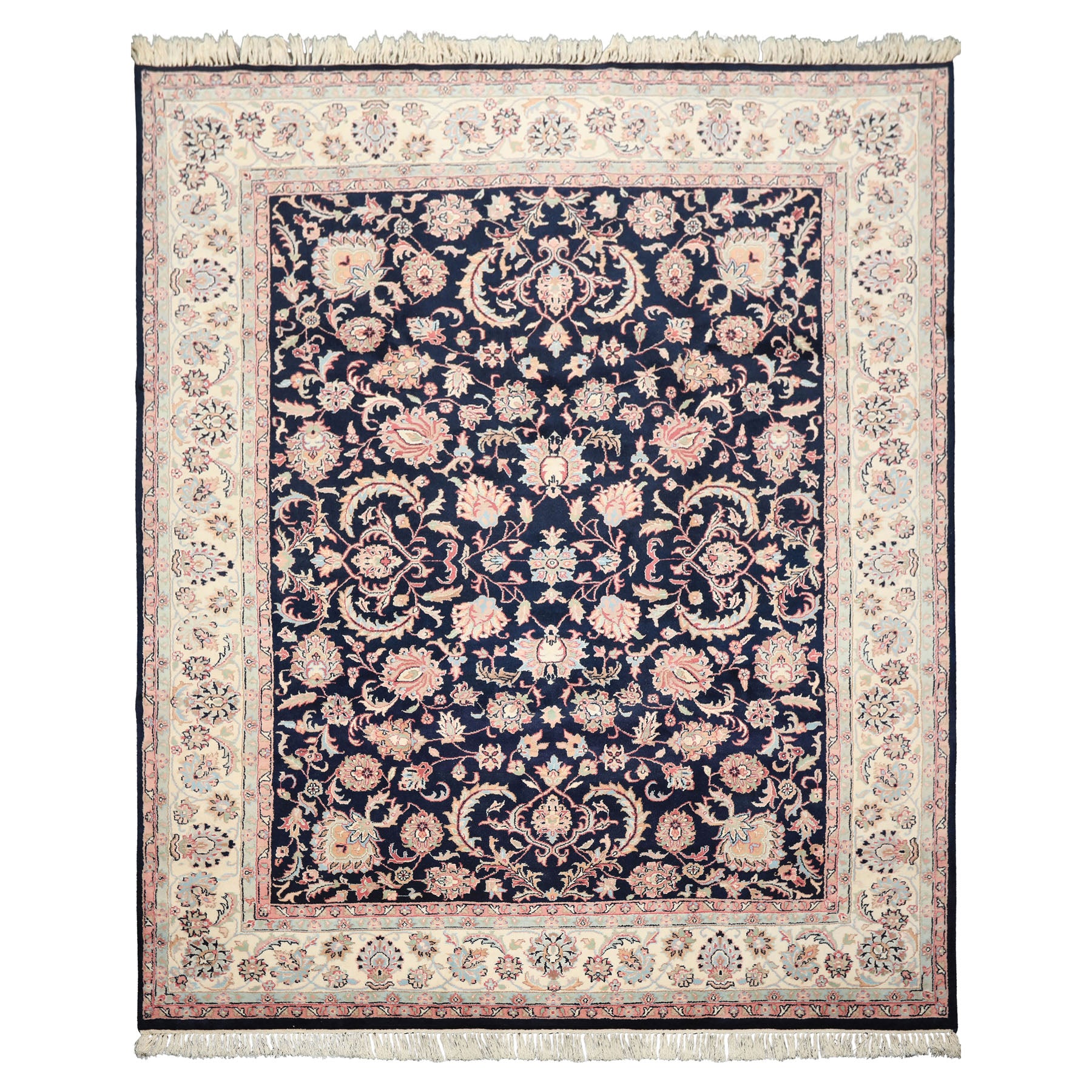 8x10 Midnight Blue, Ivory, Blush Color Hand Knotted Tabriz Wool Traditional Oriental Rug