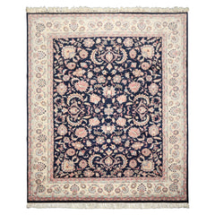 8x10 Midnight Blue, Ivory, Blush Color Hand Knotted Tabriz Wool Traditional Oriental Rug