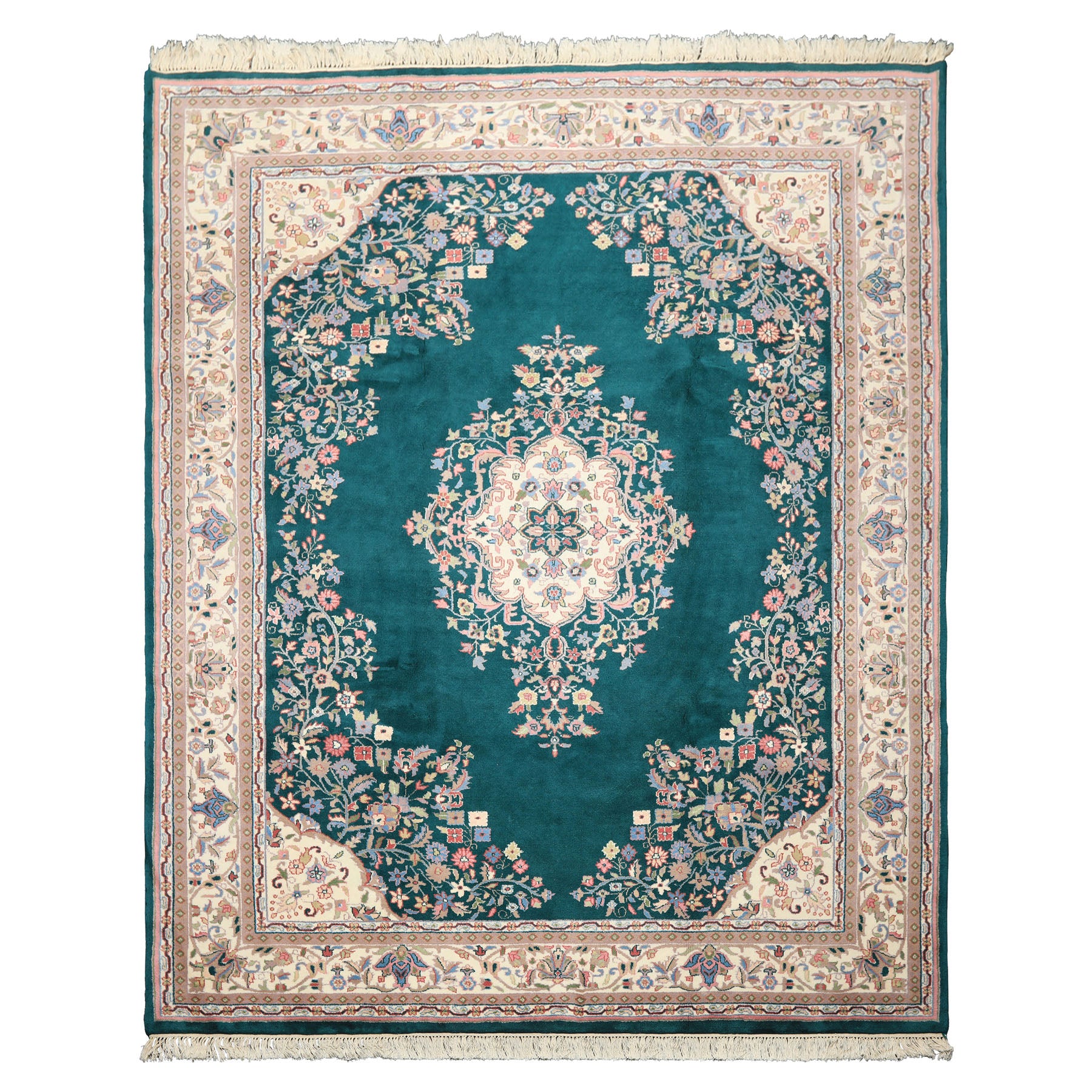 7x9 Emerald, Green, Ivory Color Hand Knotted Tabriz Wool Traditional Oriental Rug