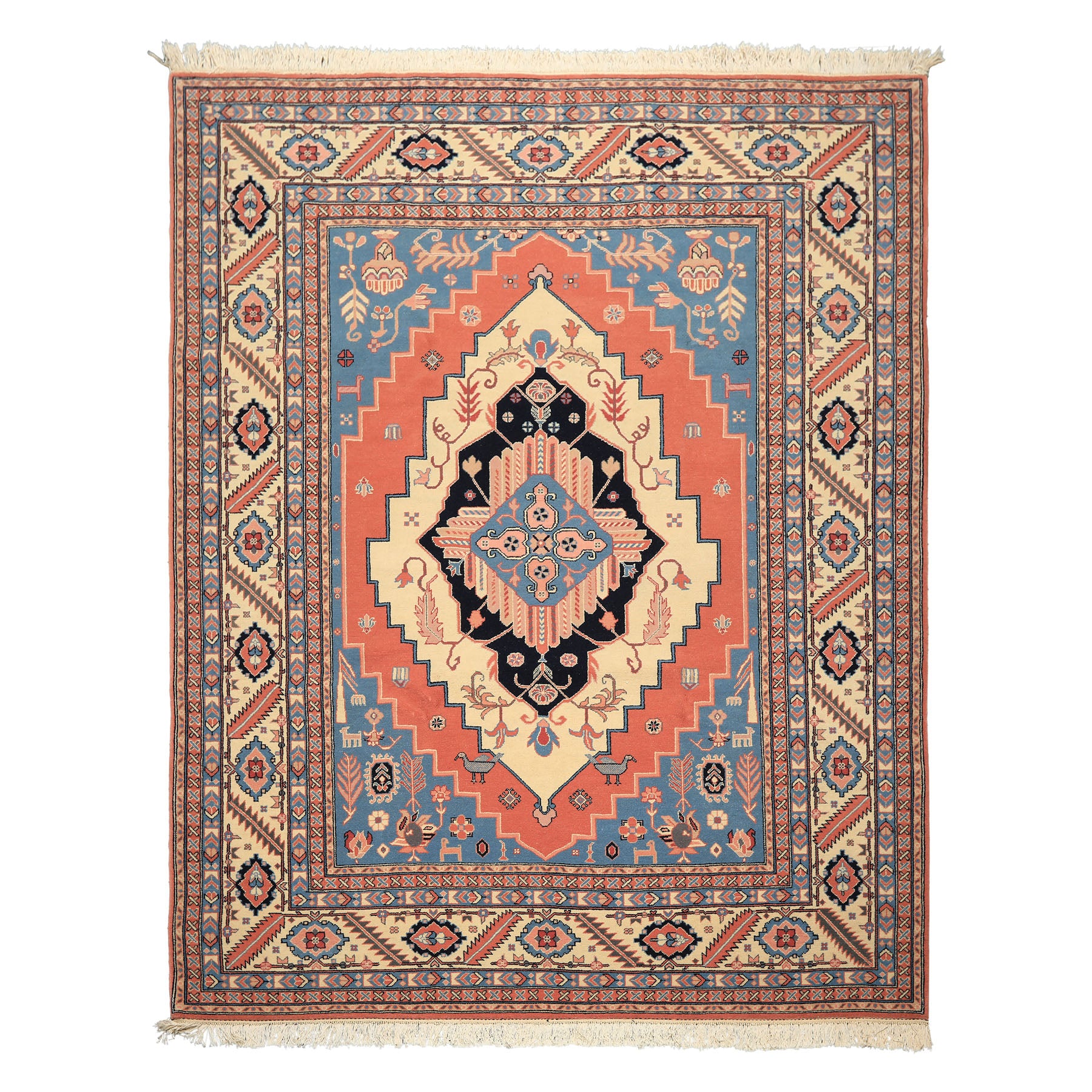 8x10 Salmon, Ivory, Blush Color Hand Knotted Heriz Wool Traditional/ Medallion Oriental Rug