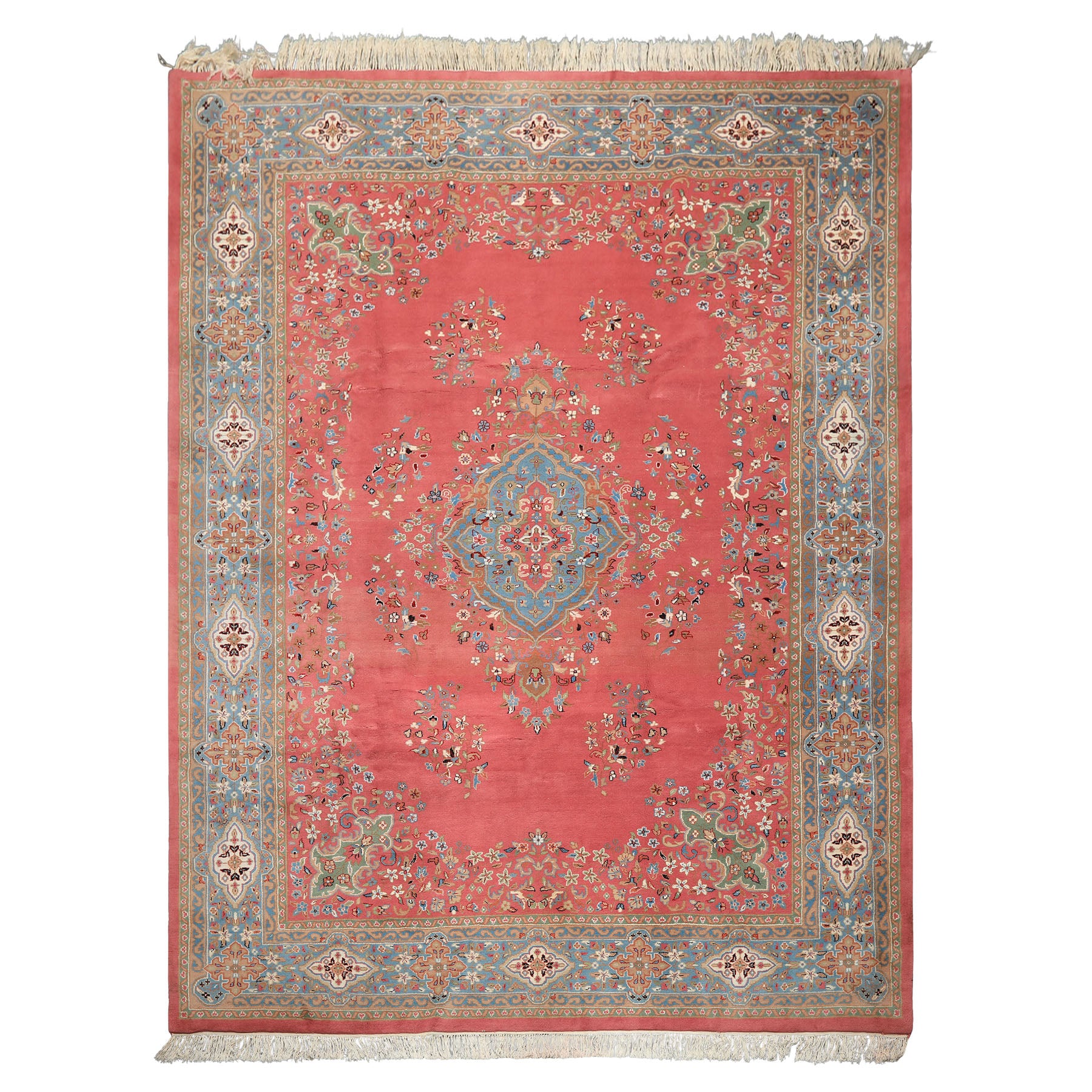 9x12 Pink, Blue, Sage Color Hand Knotted Kashan Wool Traditional/ Botanical Oriental Rug