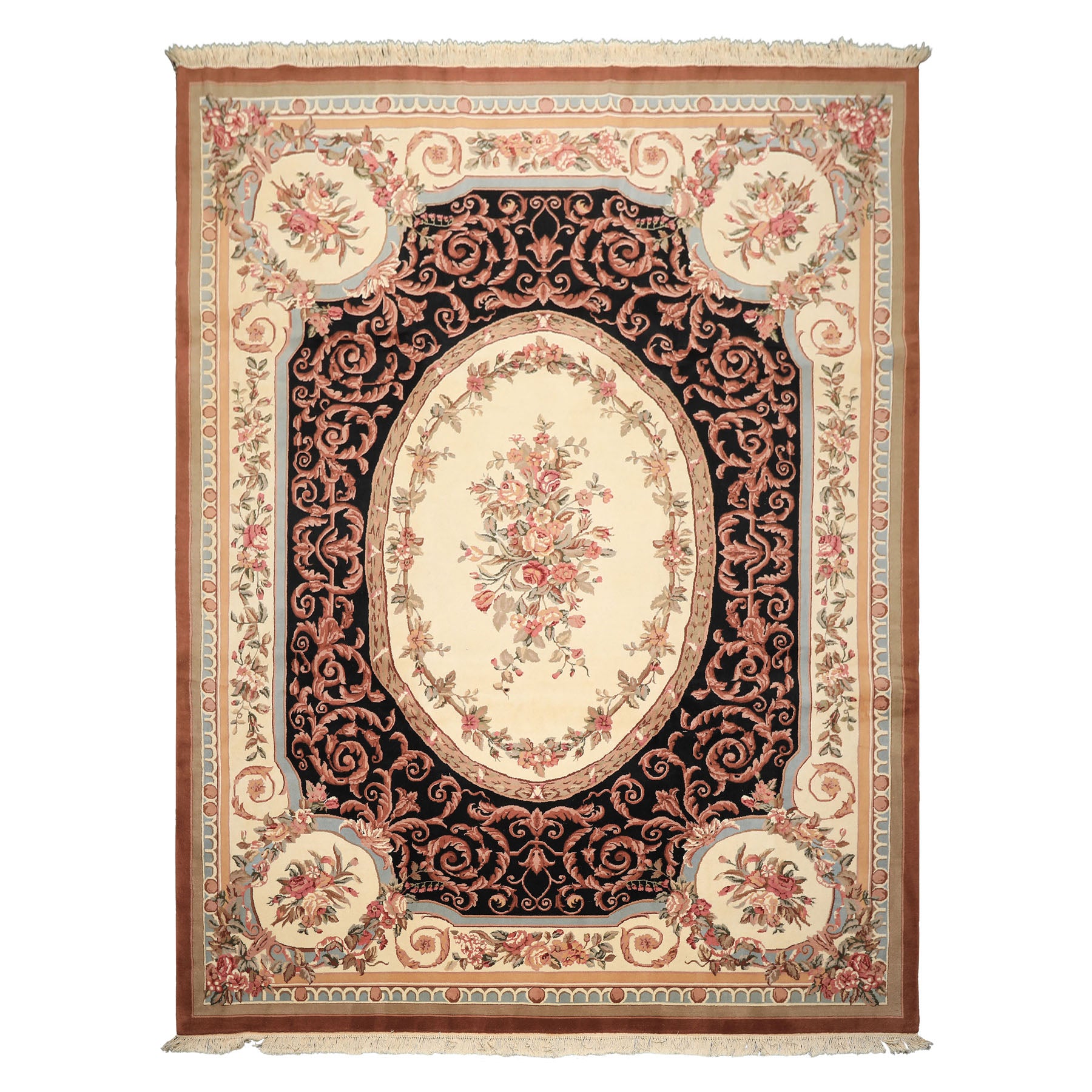 9x12 Ivory, Black, Tan Color Hand Knotted Aubusson Savonnerrie Wool Traditional/ Floral Oriental Rug