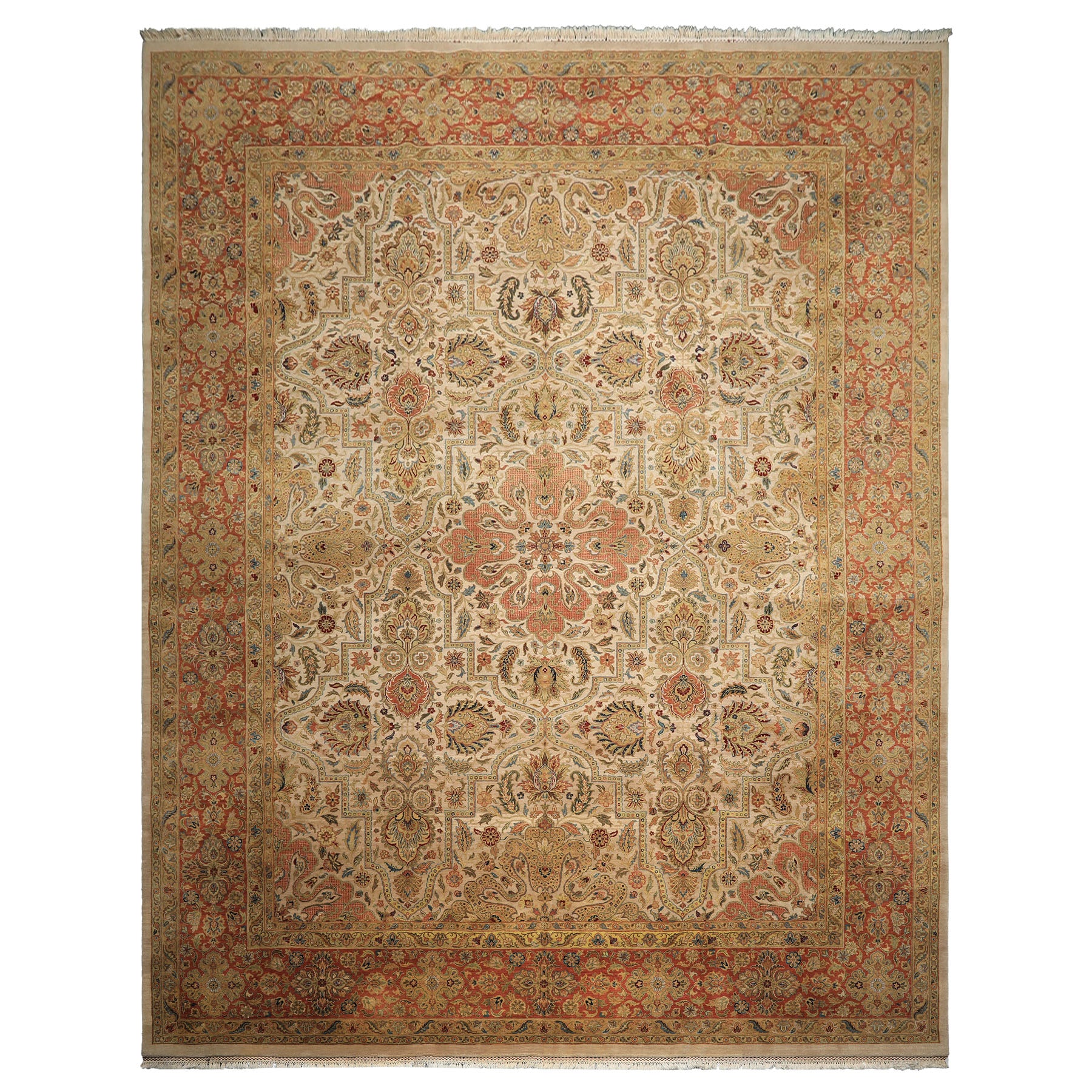 12x15 Beige, Burnt Orange, Lime Color Hand Knotted Agra Wool Traditional Oriental Rug