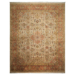12x15 Beige, Burnt Orange, Lime Color Hand Knotted Agra Wool Traditional Oriental Rug