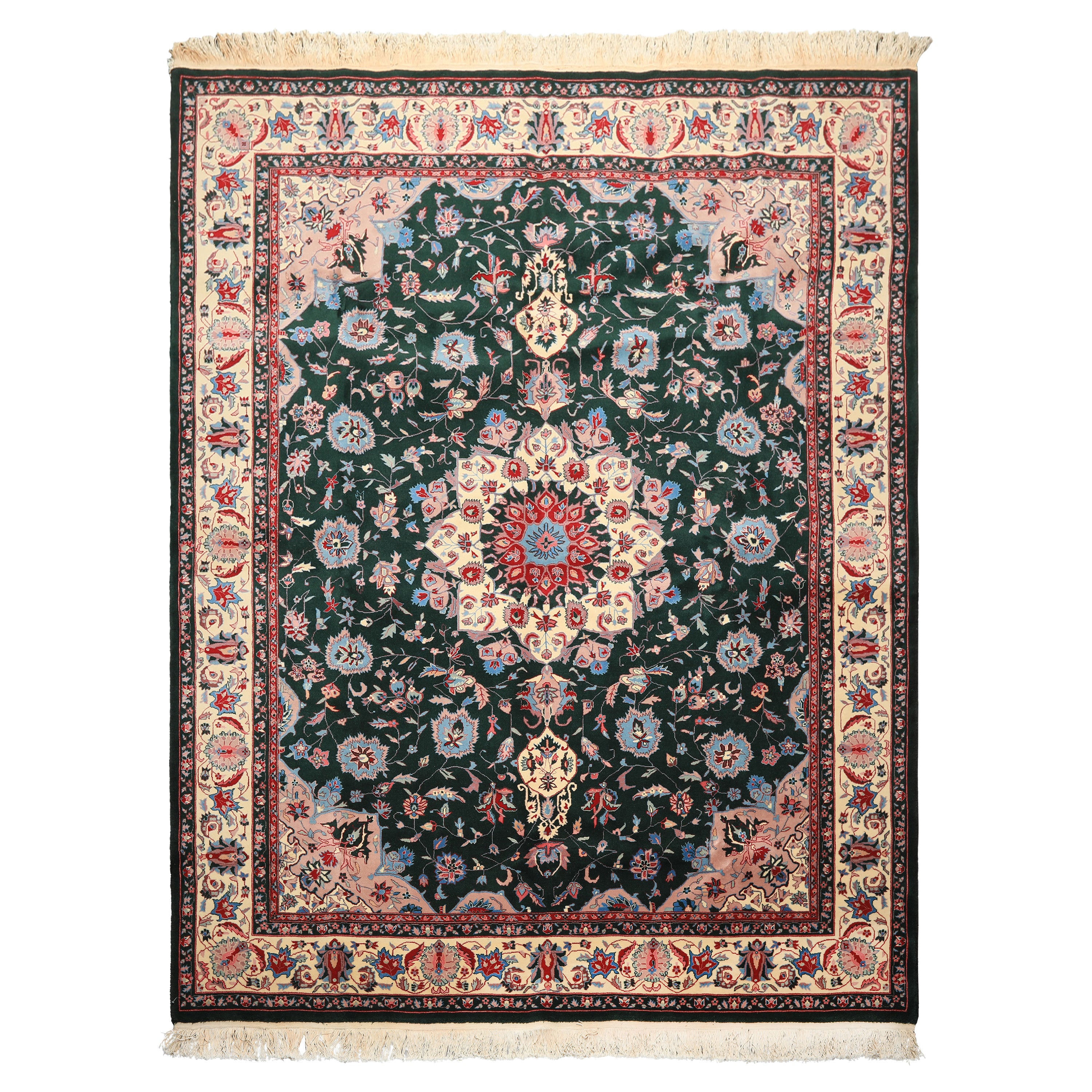 8x10 Dark Green, Ivory, Red Color Hand Knotted Tabriz New Zealand Wool Traditional Oriental Rug