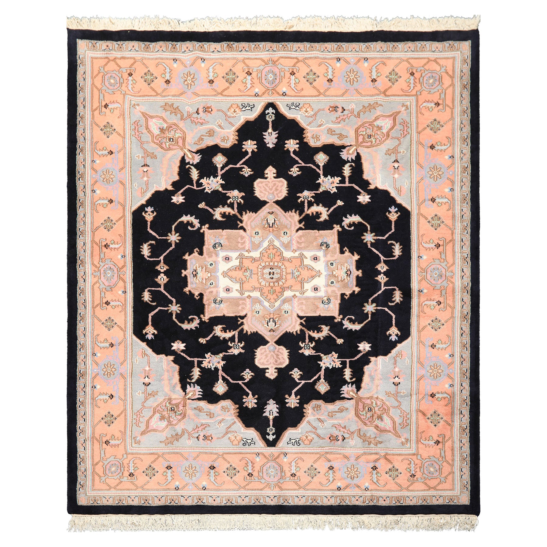 8x10 Black, Peach, Ivory Color Hand Knotted Heriz Wool Traditional Oriental Rug