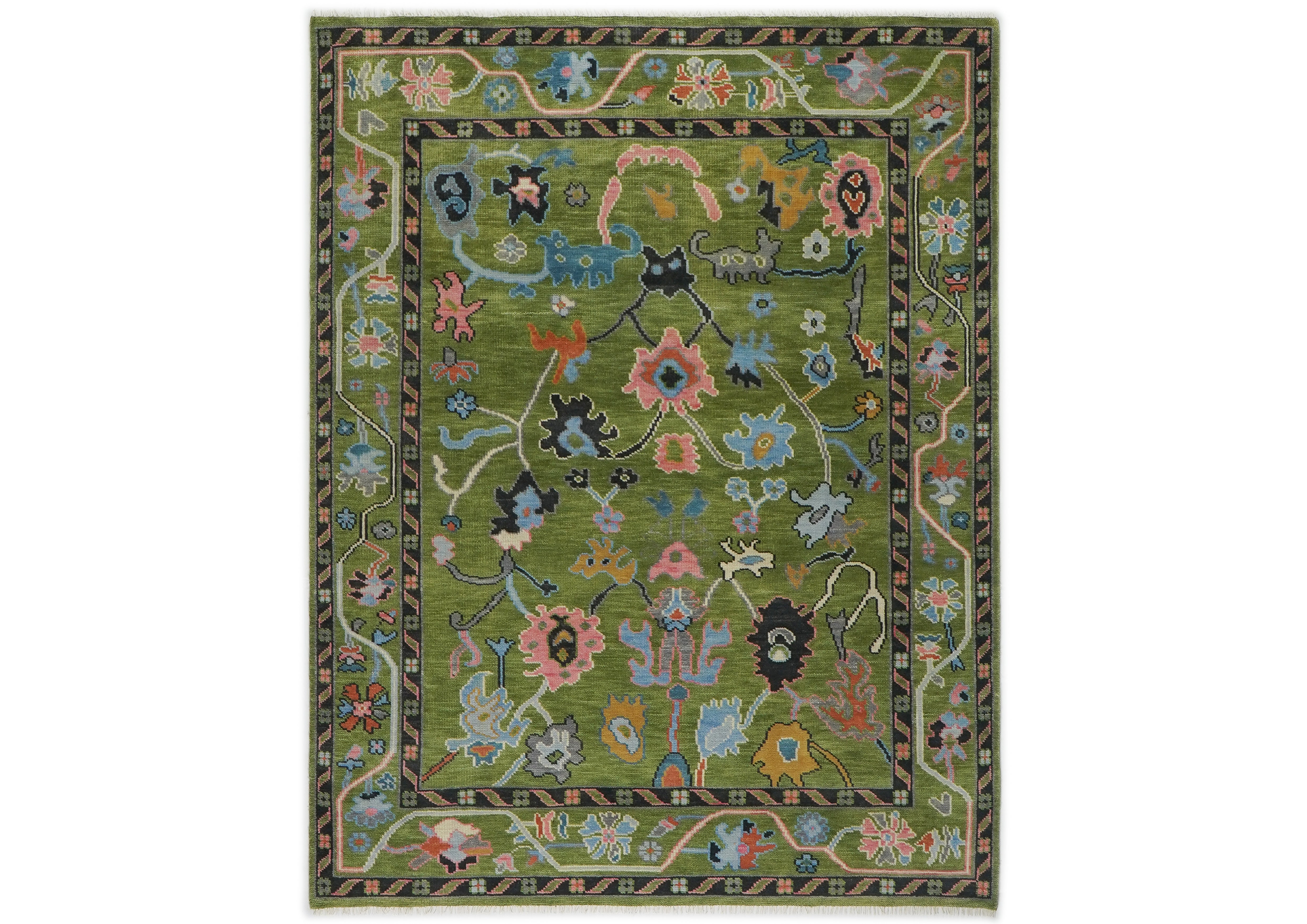 Multi Size Green Pink Navy Color Hand Knotted Oushak Wool Traditional Oriental Rug