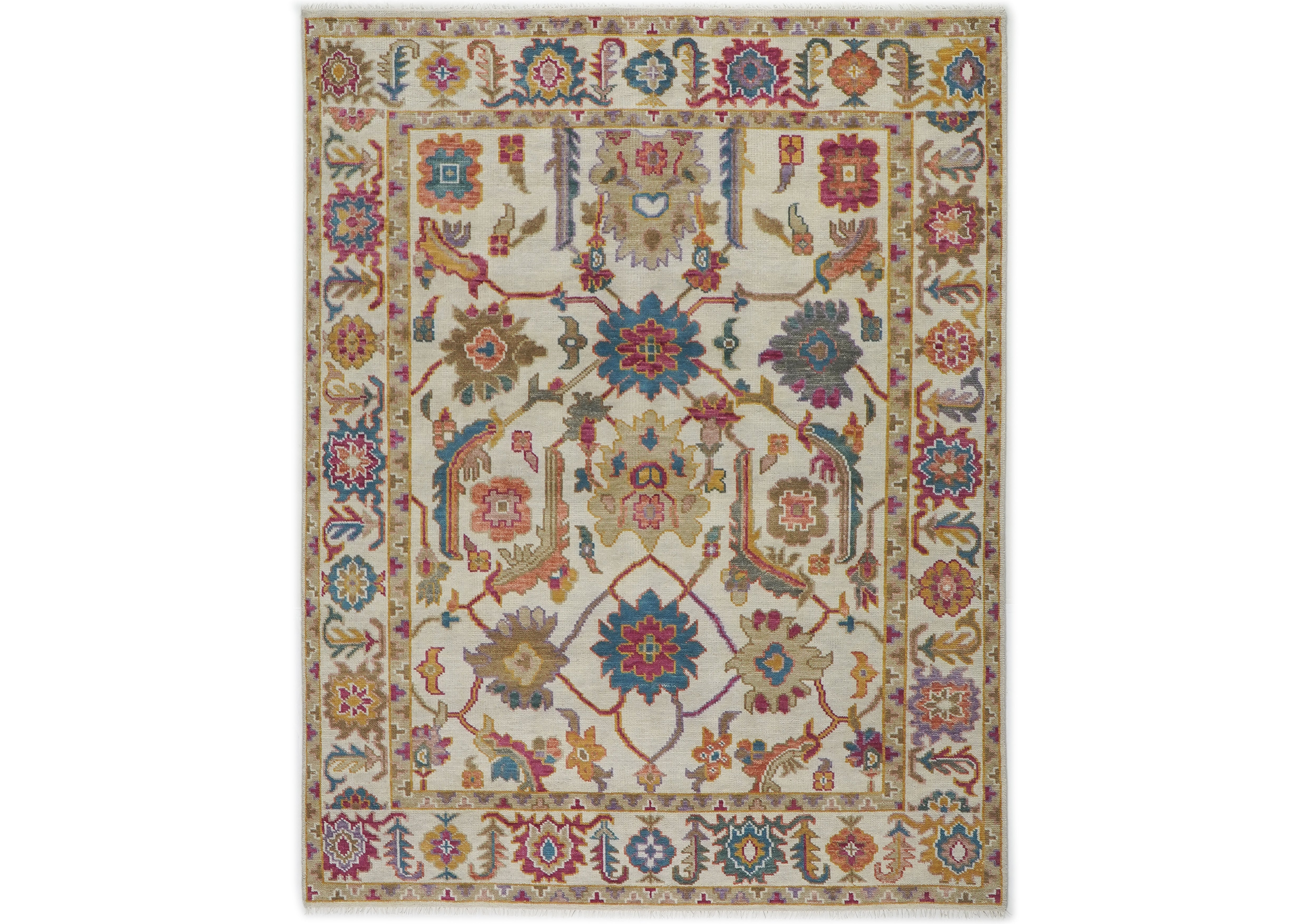Multi Size Ivory Brown Aqua Color Hand Knotted Oushak Wool Traditional Oriental Rug