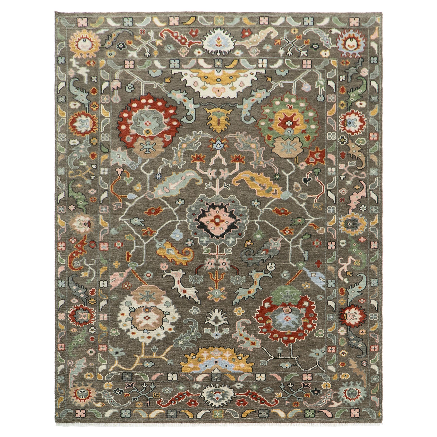 Multi Size Brown Ivory Gold Color Hand Knotted Oushak Wool Traditional Oriental Rug
