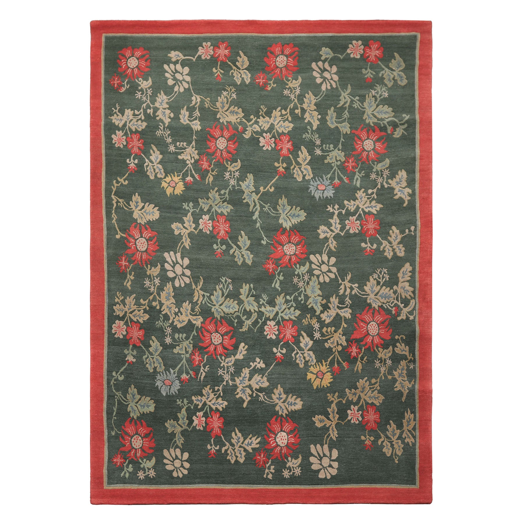 6x9 Celadon, Coral, beige Color Hand Knotted Tibetan Wool Transitional Oriental Rug