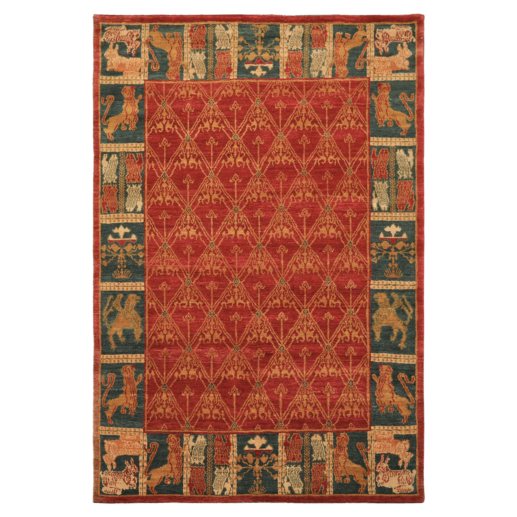 6x9 Rusty Red, Teal, Ivory Color Hand Knotted Tibetan Wool Arts & Crafts Oriental Rug