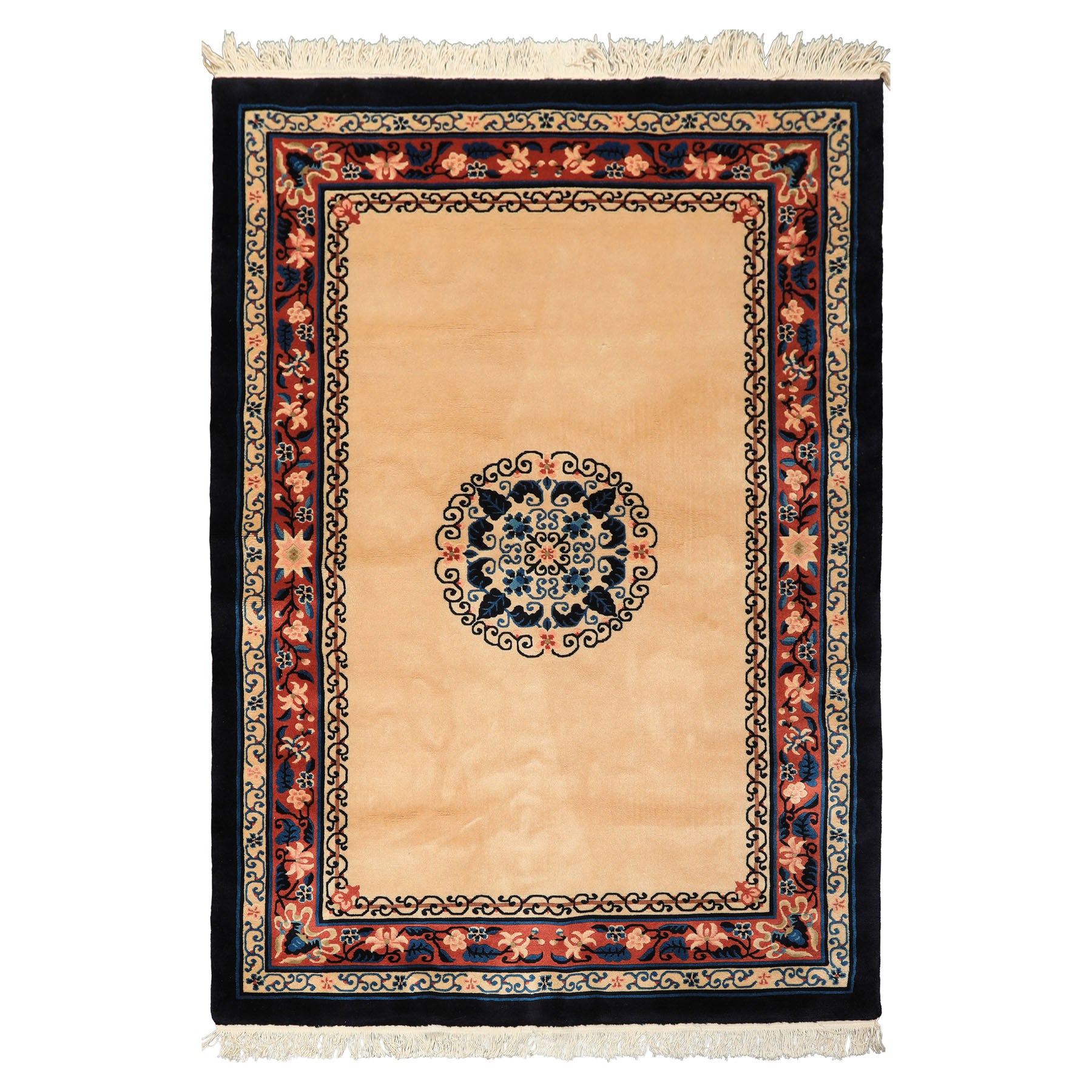 4x6 Light Peach, Caramel, Midnight Color Hand Knotted Chinese Art Deco Wool Traditional Oriental Rug