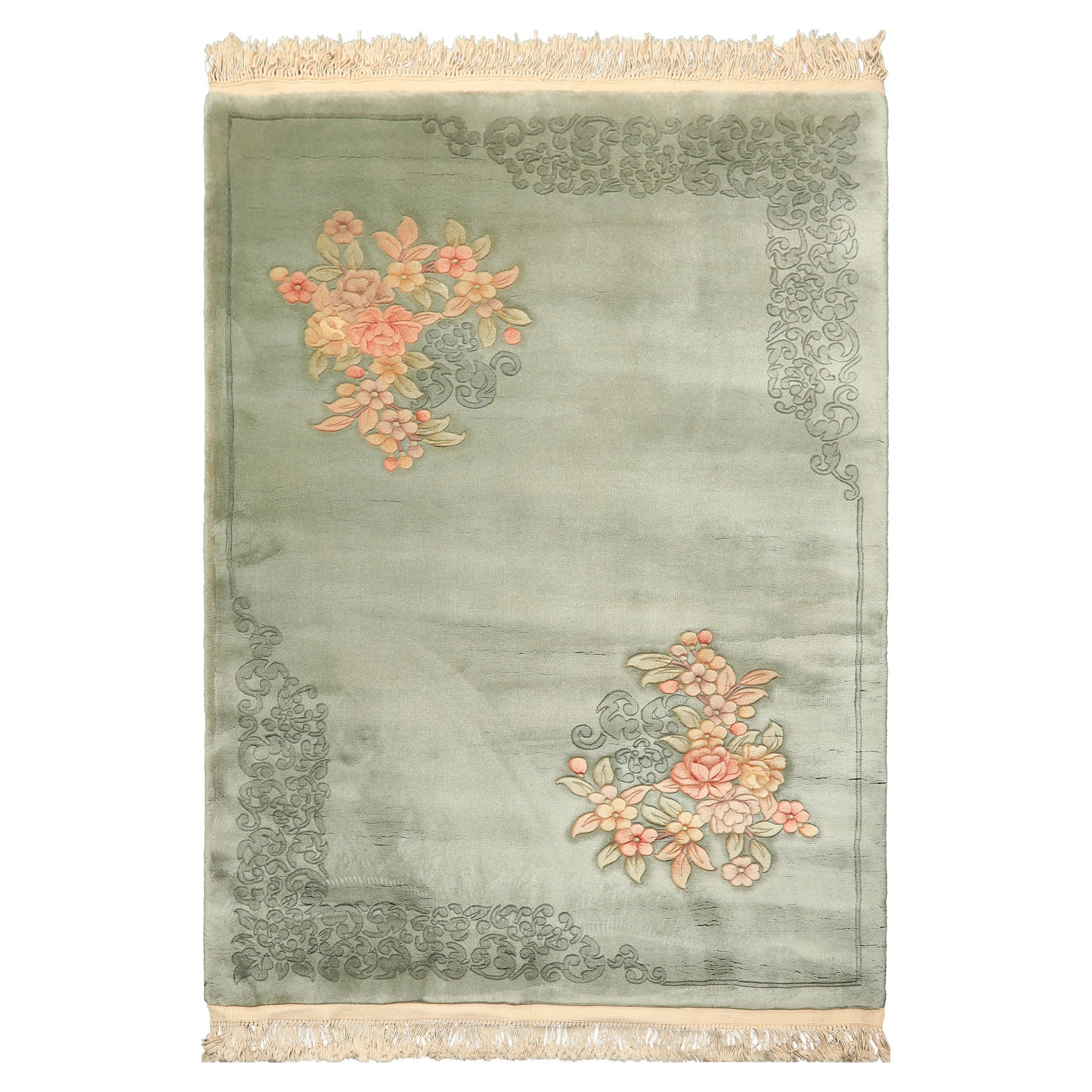 4x6 Celadon, Blush, Gold Color Hand Knotted Chinese Art Deco Wool Traditional Oriental Rug