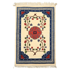 4x6 Ivory, Navy, Green Color Hand Knotted Tibetan Art Deco Wool Traditional Oriental Rug