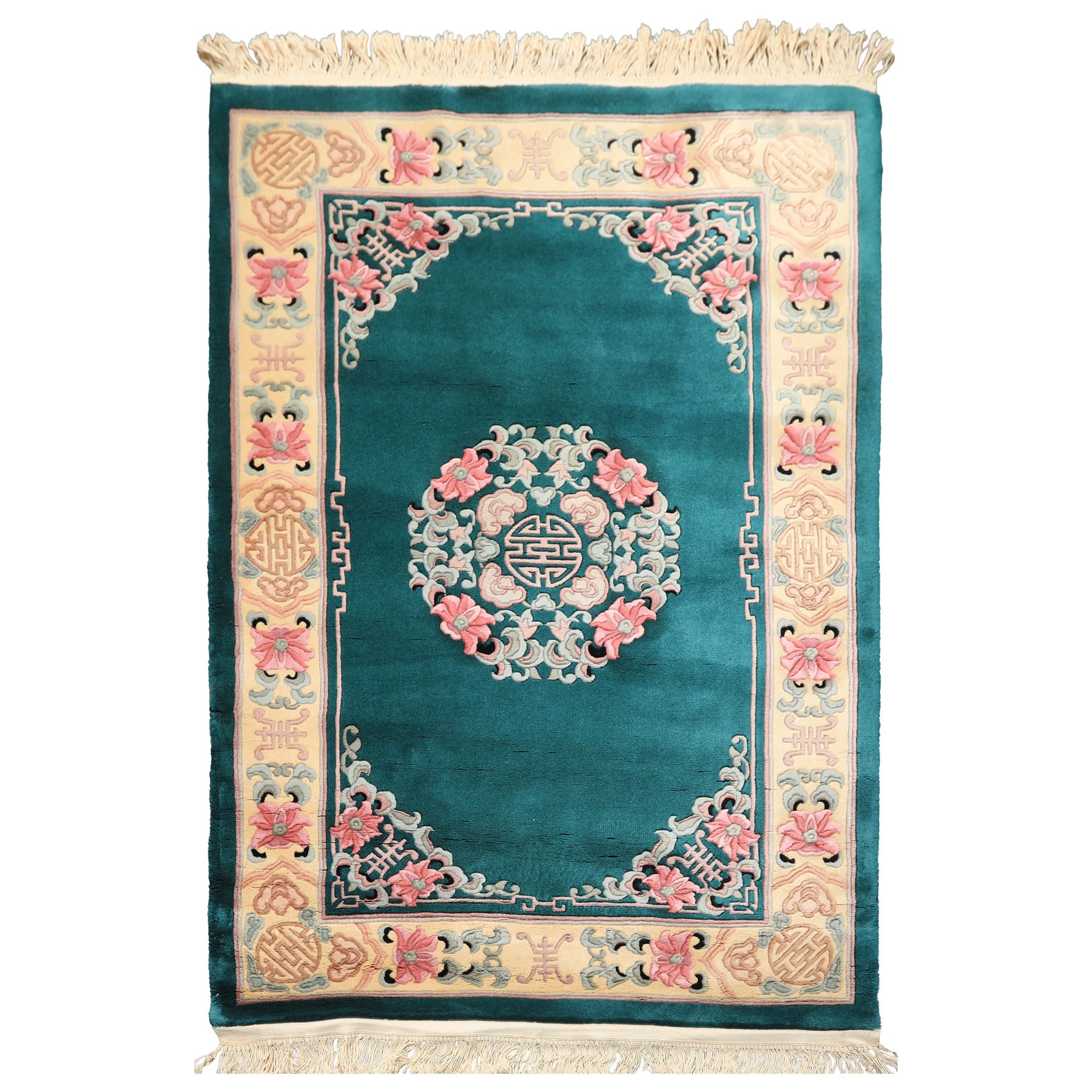 4x6 Emerald, Ivory, Pink Color Hand Knotted Chinese Art Deco Wool Traditional Oriental Rug