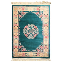 4x6 Emerald, Ivory, Pink Color Hand Knotted Chinese Art Deco Wool Traditional Oriental Rug