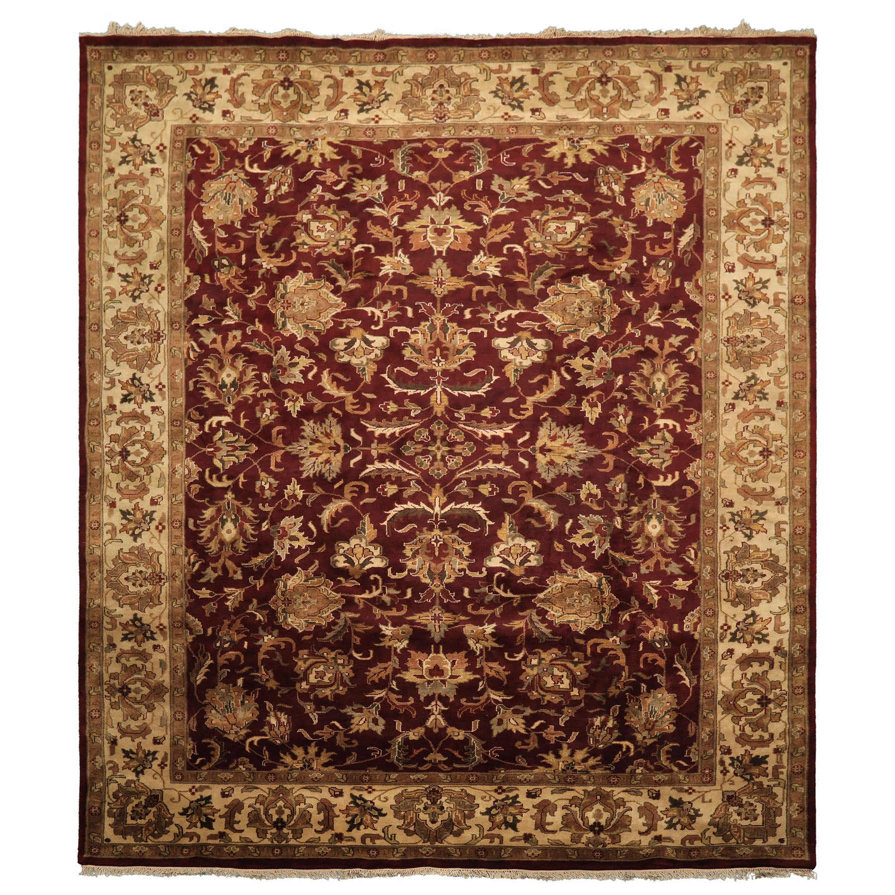 9x12 Maroon, Ivory, Brown Color Hand Knotted Agra Wool Traditional Oriental Rug