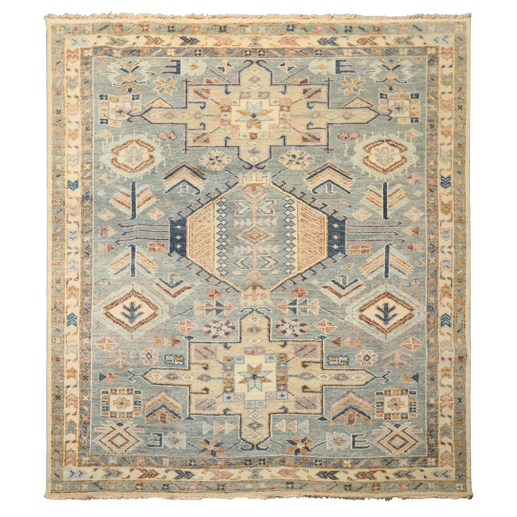 8x10 Aqua, Ivory, Blue Color Hand Knotted Oushak Wool Traditional Oriental Rug