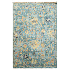 6x9 Teal, Gold, Burnt Orange Color Hand Knotted Oushak Wool Traditional Oriental Rug