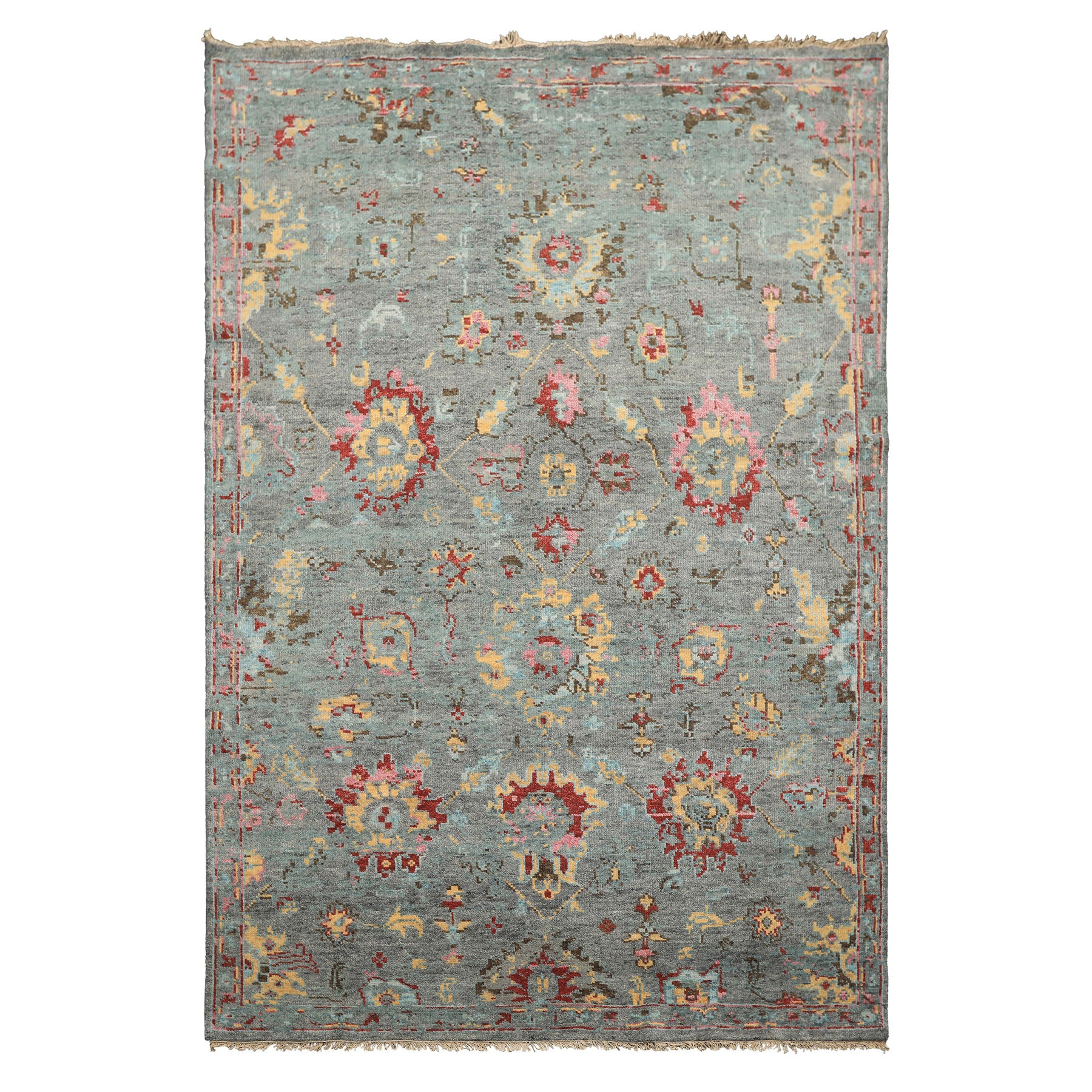 6x9 Gray, Aqua, Pink Color Hand Knotted Oushak Wool Traditional Oriental Rug