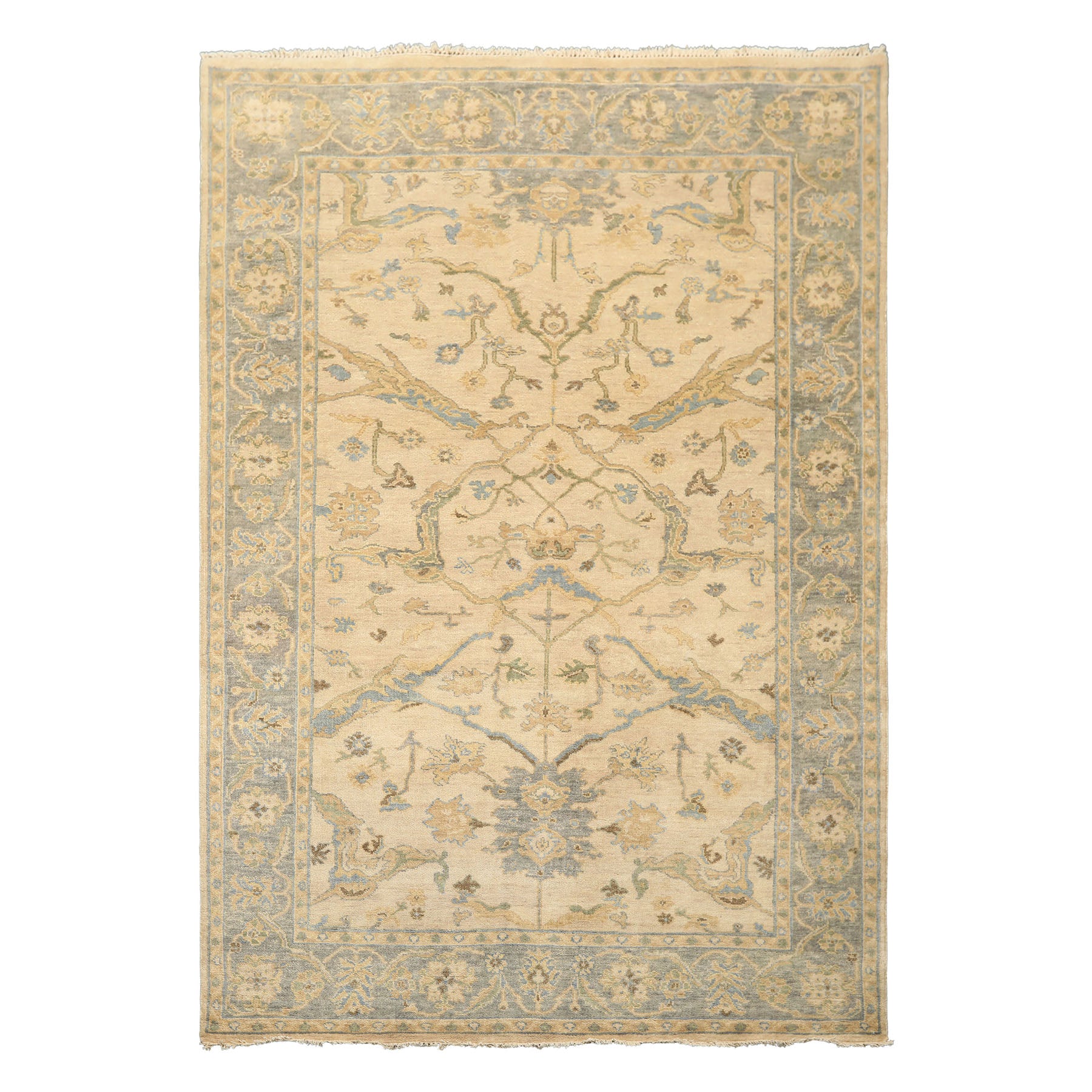 6x9 Beige, Aqua, Light Gold Color Hand Knotted Oushak Wool Traditional Oriental Rug