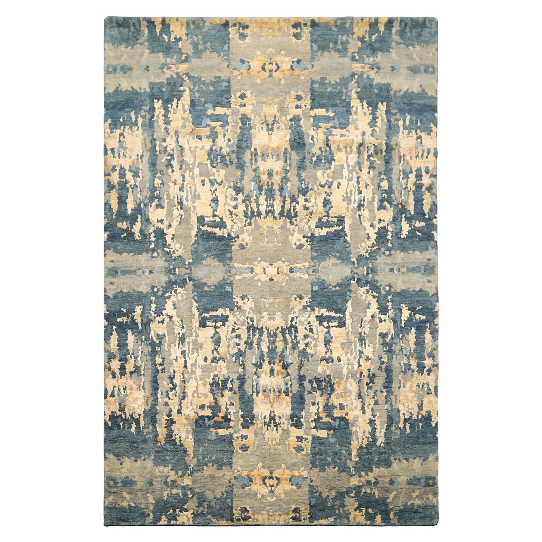 6x9 Gray, Aqua, Ivory Color Hand Knotted Indo Tibetan Wool & Bamboo Silk Modern & Contemporary Oriental Rug