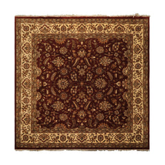 Square Maroon, Ivory, Moss Color Hand Knotted Agra Wool Traditional Oriental Rug