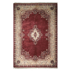 Oversize Plum, Ivory, Aqua Color Hand Knotted Indo Kerman Wool Traditional Oriental Rug